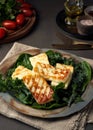 Cyprus fried halloumi cheese with healthy green salad. Lchf, pegan, fodmap, paleo, scd, keto diet