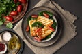 Cyprus fried halloumi cheese with healthy green salad. Lchf, pegan, fodmap, paleo, scd, keto diet Royalty Free Stock Photo