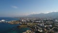 Cyprus Kyrenia Drone Footage from sky mountains city view Mediterranean sea Girne North Cyprus KKTC blue color best holiday summer