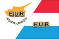 Cyprus and Luxembourg currencies codes on national flags background