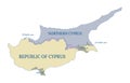 Cyprus Political Map with administrative borders, demarcation line, territories of British military bases and Turkish Republic of