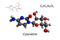 Chemical formula, structural formula and 3D ball-and-stick model of the anticancer drug cytarabine, white background