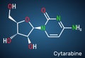 Cytarabine, cytosine arabinoside, ara-C molecule. It is chemotherapy medication. Structural chemical formula on the dark blue