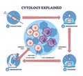 Cytology explained workflow visualizes cell analysis steps collection, preparation, staining, ... Royalty Free Stock Photo
