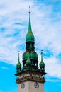 Czech, Brno, Cathedral tower on the blue sky. Beautiful gothic c