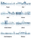 Czech Republic main cities cityscapes in tints of blue color palette.Crystal aesthetics style