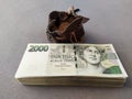 Czech crowns, Czech money, money, two thousand banknotes stacked on top of each other in a large stack, next to a leather pot with