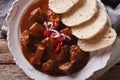 Czech cuisine: beef goulash with Knodel macro. horizontal top vi