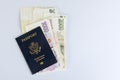 Czech currency crowns money bills and U.S. Passport with white a background.