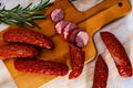 Czech dried sausages on wooden table Royalty Free Stock Photo