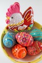 Traditional Easter decoration - colored eggs and gingerbread. Royalty Free Stock Photo