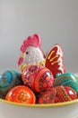 Traditional Easter decoration - colored eggs and gingerbread. Royalty Free Stock Photo