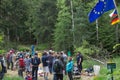 Czech-German border - May 30 2020: People are meeting at czech german border to promote partnership and cooperation to open EU bor