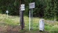 Czech - German border and tourist signpost in Sumava National Park. TRANSLATION: Attention! state border red in Czech, state