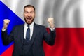 Czech happy businessman on the background of flag of Czech Republic Business, education, degree and citizenship concept