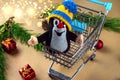 Czech mole doll in shopping cart with Christmas decorations Royalty Free Stock Photo