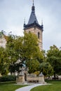 Czech poet Vitezslav Halek Memorial, outdoor monument with a fountain at Charles Square near the New Town Hall Novomestska