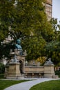 Czech poet Vitezslav Halek Memorial, outdoor monument with a fountain at Charles Square near the New Town Hall Novomestska