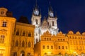 Czech, Prague 2017. 08. 01. View to Gothic Tyn church at night lighting with reflection, old town square.