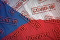 Czech Republic flag and many red Covid-19 stamps. Coronavirus or 2019-nCov virus concept Royalty Free Stock Photo