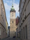 CZECH REPUBLIC, JIHLAVA,November 17, 2019: View on gothic Church of Saint James the Greater from Masaryk square in center of town