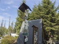 Czech Republic, Jizerske hory, April 20, 2019: Tourist signpost and shelter on saddle of mountain Holubnik with resting Royalty Free Stock Photo