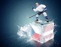 Czech republic - Latvia game. Spunky hockey player on ice cube