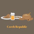 Czech republic menu, prague restaurant. Food and drink isolated, national dinner. Smoked salami sausage, beer, soup, pork leg