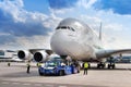 Airbus A380-800, Emirates Arlines, Vaclav Havel International airport, Ruzyne, Prague, Czech republic Royalty Free Stock Photo