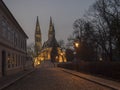 Czech Republic, Prague, February 23, 2021: illuminated Basilica of St. Peter and Paul, gothic cathedral church on Royalty Free Stock Photo