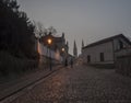 Czech Republic, Prague, February 23, 2021: Night view of Cobbled street at Vysehrad with lanterns and illuminated Royalty Free Stock Photo