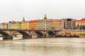 Czech Republic. Prague 02/26/2017. View from the river to the European city and the stone bridge Royalty Free Stock Photo