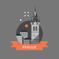 Prague symbol, old town, tower with clock and group of houses, Czech Republic travel destination