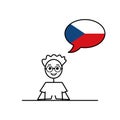 czech speaking cartoon boy with speech bubble in flag of Czech Republic colors, male character learning czech language