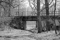 In czech spring forest with trees in front of historical viaduct near Budyne nad Ohri village with black and white stylization