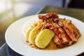 Czech traditional cuisine dumplings cabbage and pork meat on a plate