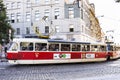 Czechia and foreigner travelers use retro tramway for journey in Prague, Czech Republic