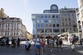 Czechia people and foreigner travelers walking and shopping with traffic road at Wenceslas Square Vaclavske Namesti