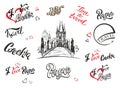 Czechia. Set of elements for design. Prague. Inspiring lettering. Charles bridge sketch. Hand drawing. Travel. Tourism industry. V