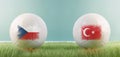 Czechia vs TÃÂ¼rkiye football match infographic template for Euro 2024 matchday scoreline announcement. Two soccer balls with