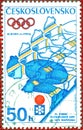 Postage stamp printed in the Czech Republic with the image of an Alpine skier and inscription `XI winter Olympics 1972, Sapporo`,