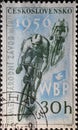 Czechoslovakia Circa 1956: A postage stamp printed in Czechoslovakia showing two cyclists