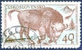Postage stamp printed in Czechoslovakia with the image of a zubr, from the `Animals` series.