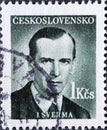 Czechoslovakia Circa 1949: A postage stamp printed in Czechoslovakia showing a portrait of the politician and hero Jan ÃÂ verma