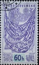 Czechoslovakia Circa 1958: A postage stamp printed in Czechoslovakia showing various textiles at the Universal and International E