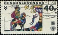 CZECHOSLOVAKIA - CIRCA 1979: stamp shows Rumen Skorchev, Bulgaria art painting knight, man, tree