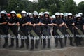 Polish policemen in action, white helmets, plastic covers