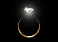 Vector dazzling diamond ring on black shining background. concept for chossing best diamond gem design Realistic wedding gold ring