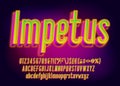 Impetus alphabet font. 3D effect glowing letters, numbers and punctuations. Royalty Free Stock Photo