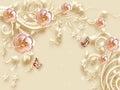 3d wallpaper pink jewelry flowers on golden branches background